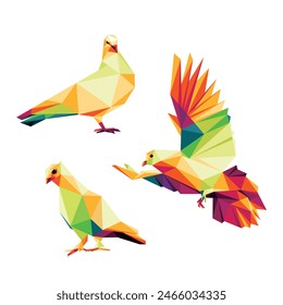 Set of Dove Colorful Polygonal Low Poly Vector. Colorful Abstract Vector of Dove Collection. Flying Dove Colorful Illustration logo