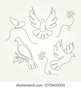 set of dove continuous line art vector illustration design. single line drawing of a dove