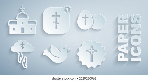 Set Dove, Easter egg, God's helping hand, Christian cross, Online church pastor preaching and Church building icon. Vector