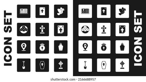 Set Dove, Grave with cross, Memorial wreath, Holy bible book, Calendar death, Funeral urn and Coffin icon. Vector