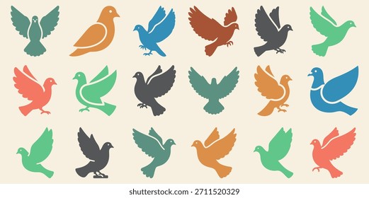 Set of dove icons grid featuring doves in various poses like flying perched and with wings
