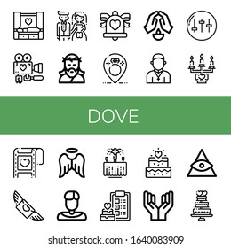 Set of dove icons. Such as Wedding, Wedding day, Bride, Jesus, Wedding bells, Prayer, Priest, Equalizer, Flying, Angel, God, cake , dove icons