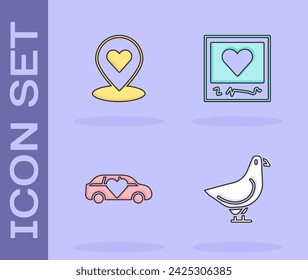 Set Dove, Location with heart, Limousine car and Photo frames and hearts icon. Vector