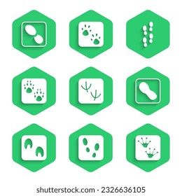 Set Dove paw footprint, Human footprints shoes, Frog, Horse, Paw,  and  icon. Vector