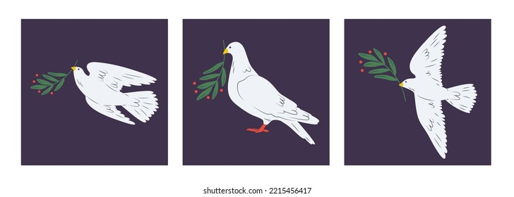 Set of dove of peace, pigeons three cards. Flying, standing birds with plant olive branch. Peace, love, freedom, no war, innocence, human purity. Hand drawn modern vector illustration. Support Ukraine