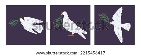 Set of dove of peace, pigeons three cards. Flying, standing birds with plant olive branch. Peace, love, freedom, no war, innocence, human purity. Hand drawn modern vector illustration. Support Ukraine