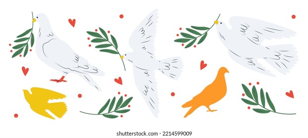 Set of dove of peace, white pigeons. Flying, standing birds with plant olive branch. Peace and love, freedom, no war, innocence, human purity. Hand drawn modern Vector illustration. Support Ukraine