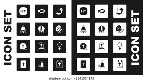 Set Dove, Pope hat, Church bell, Christian cross, bread, fish symbol, Rosary beads religion and  icon. Vector