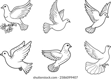 set of dove silhouette line art vector illustration