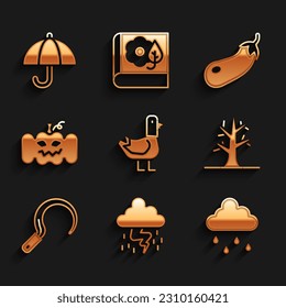 Set Dove, Storm, Cloud with rain, Bare tree, Sickle, Pumpkin, Eggplant and Umbrella icon. Vector