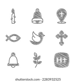 Set Dove, Willow leaf, Christian cross, Church bell, fish symbol, Location church building and Burning candle icon. Vector