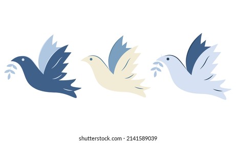 Set Of Doves In Blue Tones. Three Doves Of Peace, A Symbol Of Peace, A Peace-loving Bird. Flat Design, Closeup Vector Isolated Illustration. The Concept Of The International Day Of Peace.