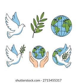 Set of doves and Earth illustrations symbolizing peace and harmony