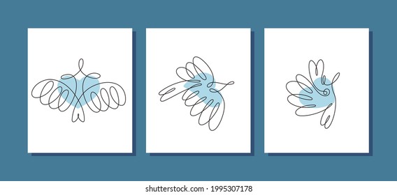 Set of doves with heart - symbol of love. Contemporary minimalism style. Continuous one line drawings. Vector template