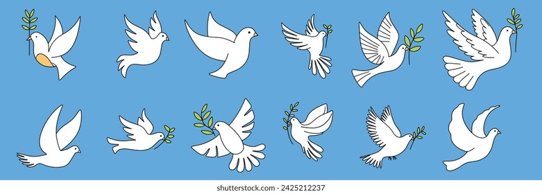 Set of Doves of peace outline in doodle style isolated on background. Hand drawn vector art.