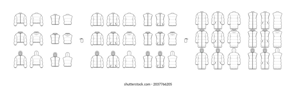 Set of Down coats vests puffer waistcoat technical fashion illustration with pouch, stand hoody collar, zip-up closure, pockets, oversized, wide quilting. Flat front, back, white color. Women, unisex svg