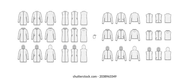 Set of Down vest puffer waistcoat technical fashion illustration with pouch, sleeveless, zip-up closure, loose fit, crop hip length. Flat template front, back, white color. Women, men top CAD mockup