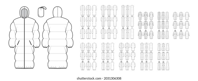 Set of Down vests coats puffer waistcoat technical fashion illustration with pouch, stand hoody collar, oversized, classic narrow wide quilting. Flat front, back, white color. Women men top CAD mockup