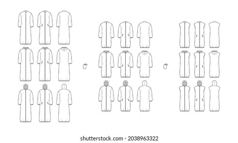 Set of Down vests coats puffer waistcoat technical fashion illustration with pouch, zip-up closure, loose fit, classic quilting. Flat template front, back, white color. Women men unisex top CAD mockup