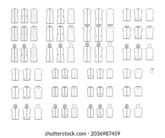 Juego de chalecos antideslizantes abajo ilustración técnica de moda con bolsa, sin mangas, cierre de cremallera, longitud de la cadera del cultivo, tejido. Plano frontal de la plantilla, reverso, color blanco. Las mujeres, los hombres encabezan la maqueta de CAD