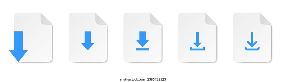 Set of download buttons. Blue arrows pointed down. Download file icon.