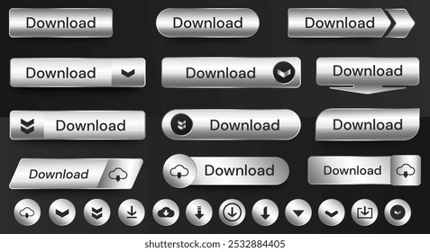 Set of Download buttons icon design template. Silver metallic. Download collection isolated. vector