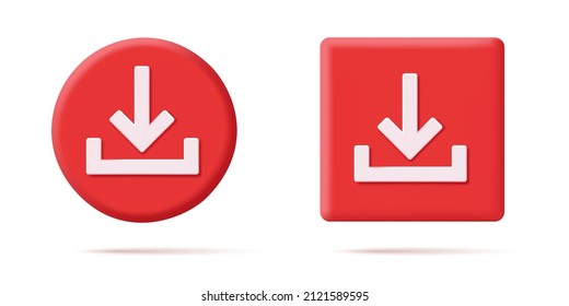 Set of download icon button on round and square shapes with down pointing arrow, 3d volume element, isolated