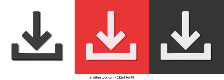 Set of download icon buttons in tree different colors down pointing arrow, 3d volume element