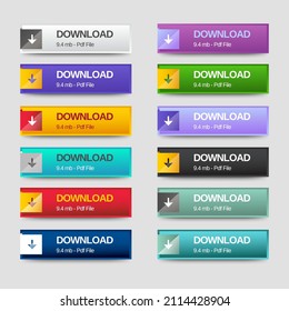 Juego de diseño de botones de iconos de descarga. Colorido paquete de botones de descarga para sitio web, anuncios, interfaz de usuario y proyecto. EPS vectorial 10