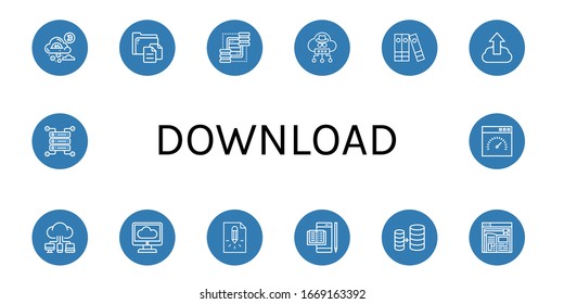 Set of download icons. Such as Cloud, File, Servers, Files, Upload, Cloud computing, Page, Ebook, Database, Server, Speedometer , download icons