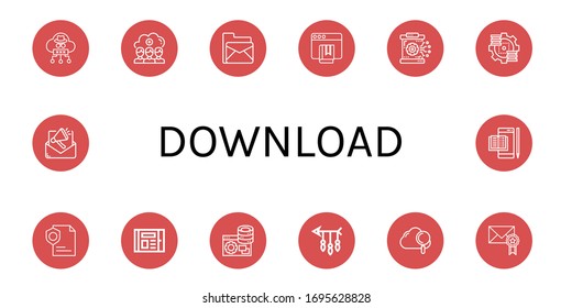 Set of download icons. Such as Cloud, Cloud storage, Email, Ebook, Database, Server, Page, Arrow , download icons