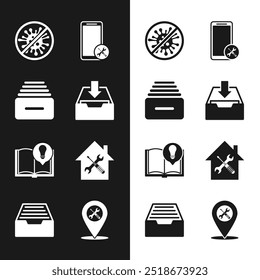 Set Download inbox, Drawer with documents, Stop virus, bacteria, Mobile service, Interesting facts, House, Location and  icon. Vector
