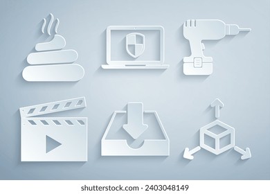 Set Download inbox, Drill machine, Movie clapper, Isometric cube, Laptop with shield and Shit icon. Vector