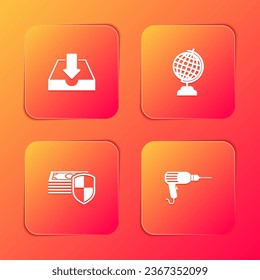 Set Download inbox, Earth globe, Money protection and Drill machine icon. Vector