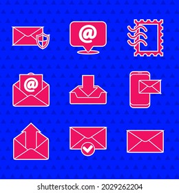 Set Download inbox, Envelope and check mark, Mobile envelope, Outgoing mail, Mail e-mail, Postal stamp and with shield icon. Vector