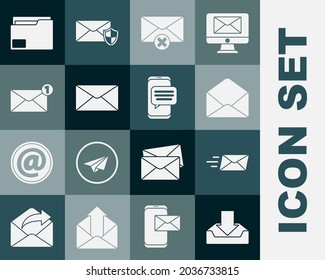 Set Download inbox, Express envelope, Envelope, Delete, Document folder and Chat messages notification on phone icon. Vector