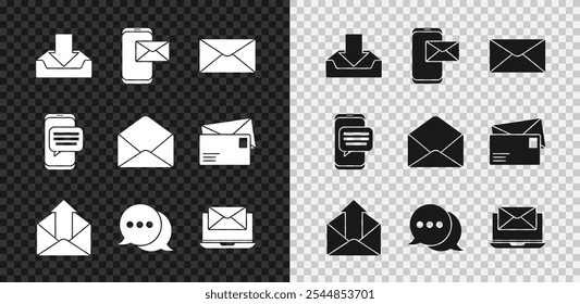 Definir Caixa de entrada de download, Celular e envelope, Envelope, E-mail de saída, Bate-papo de balão de fala, Laptop com, Notificação de mensagens de bate-papo no telefone e ícone. Vetor