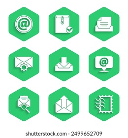 Set Download inbox, Outgoing mail, Postal stamp, Mail and e-mail on speech bubble, Envelope with magnifying glass, setting, Drawer document and  icon. Vector