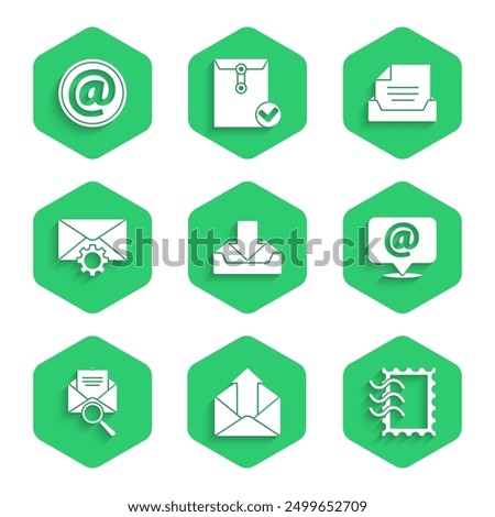 Set Download inbox, Outgoing mail, Postal stamp, Mail and e-mail on speech bubble, Envelope with magnifying glass, setting, Drawer document and  icon. Vector