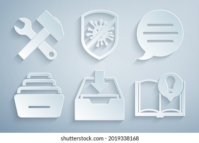 Set Download inbox, Speech bubble chat, Drawer with documents, Interesting facts, Stop virus, bacteria and Crossed hammer and wrench icon. Vector