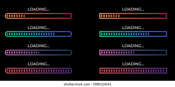 Conjunto de iconos de progreso de descarga, indicador de velocidad que muestra el estado de la descarga de archivos desde Internet. Plantilla de botón de interfaz de aplicación para juegos, sitios. Ilustración del vector