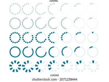 A set of download progress icons, a speed indicator showing the status of a file download from the Internet. Application interface button template for games, sites. Vector illustration
