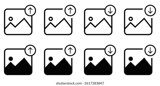  Set of download or upload picture vector icons of vector illustration