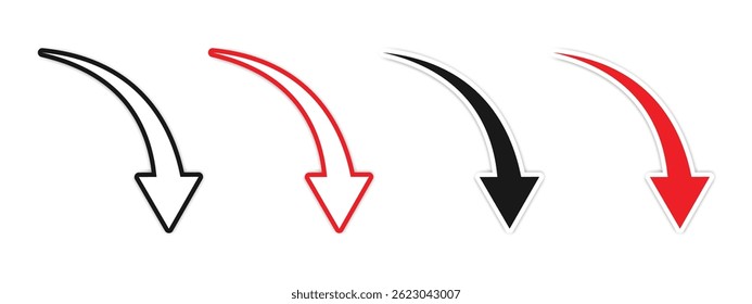 Conjunto de flechas hacia abajo en diferentes estilos contra un fondo blanco ofrece una comunicación visual versátil. Útil para indicar dirección o declinación.