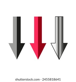 Set of downward arrows in grayscale and red. Directional indicators for download or decline. Vector illustration. EPS 10.