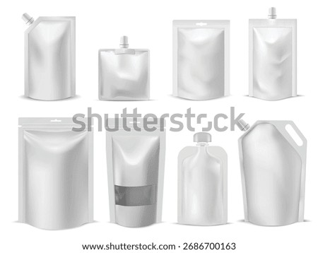 Set of doy pack mockups, different shapes, with spout, lids, closed zippers, transparent. Food, cosmetics, detergent packaging. Blank template. Product presentation. Vent realistic illustration.