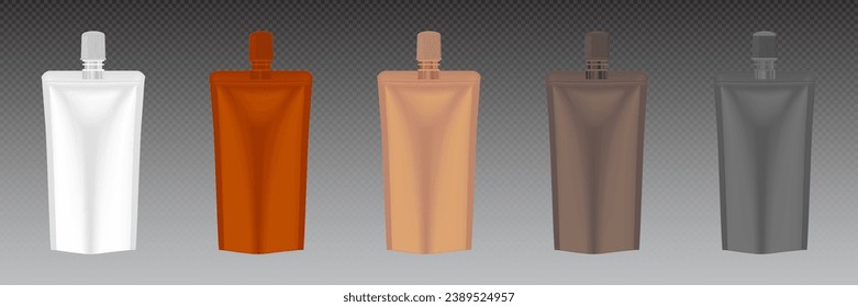 Set of doypack packaging with screw cap. Blank foil drink bags pouches with spout. Ketchup, mayonnaise or mustard. Stand up doy pack mock up set: white, orang, brown and dark brawn. Vector EPS 10.