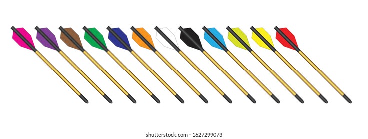 A set of a dozen modern crossbow bolts set on a white background