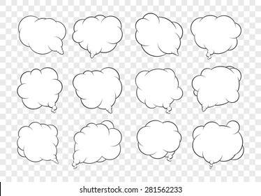 Set of dozen vector talking bubbles with white fills and transparent background.