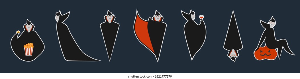 Set of dracula stickers in different pose for Halloween. Costume for masquerade. Cute flat vector illustration on isolated background.